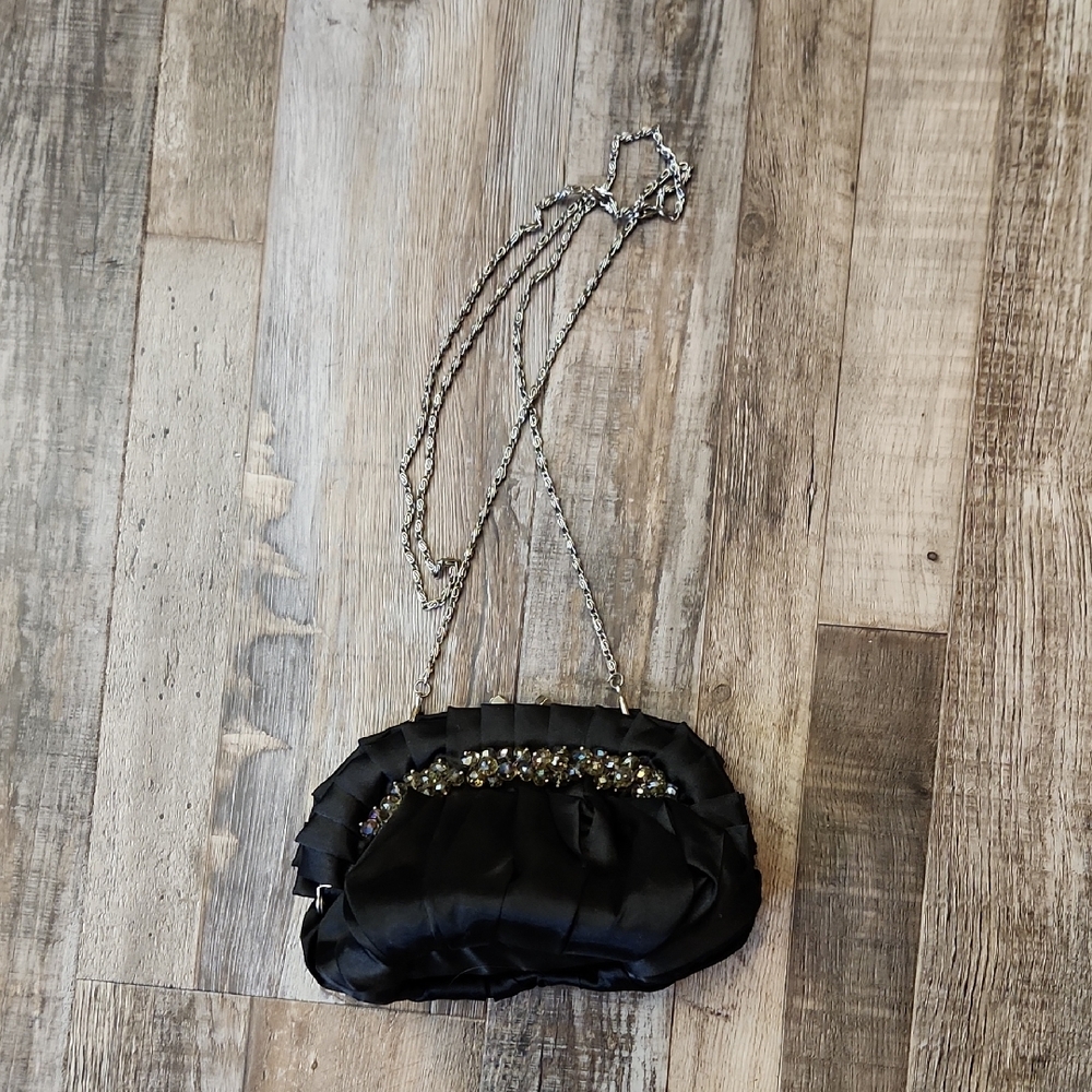 Elegant Black Satin‎ Evening Clutch With Beads & Rhinestones Clasp Chain Prom